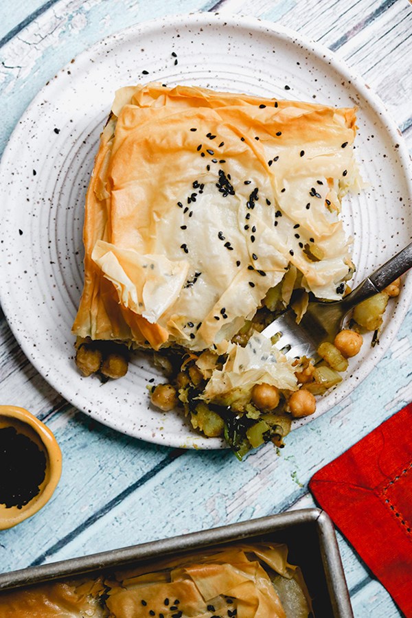 Chickpea, spinach, and potato samosa pie