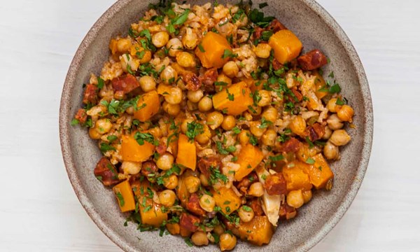 Chickpea, squash and chorizo baked rice