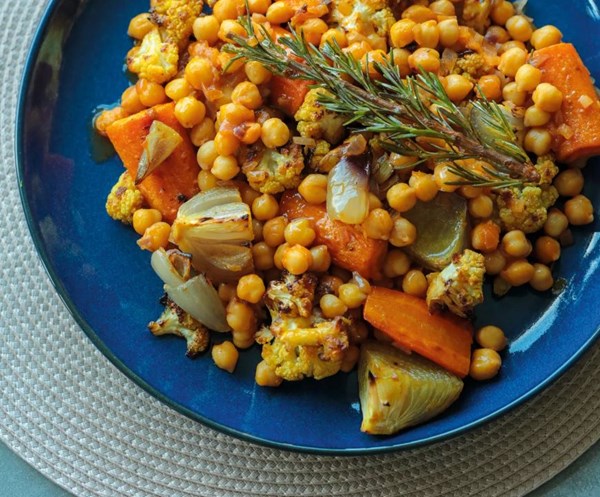 Chickpea stew with honey-roasted cauliflower & root vegetables