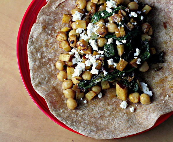 Chickpea, swiss chard and sweet potato burritos
