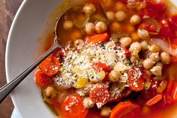 Chickpea vegetable soup with Parmesan and rosemary