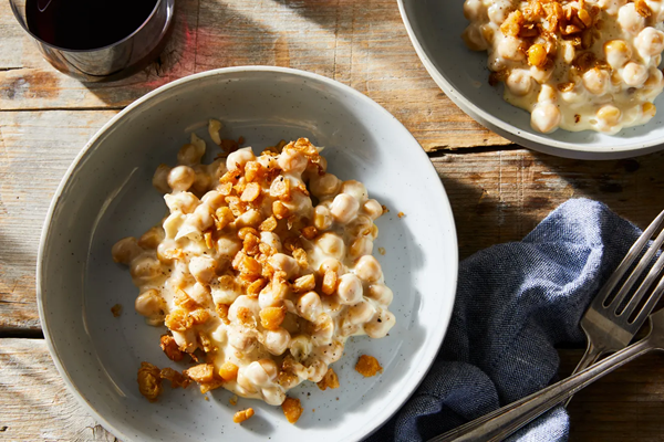 Chickpeas & cheddar sauce with chickpea crispies