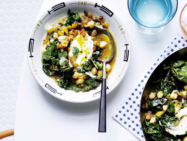 Chickpeas and chard with poached eggs