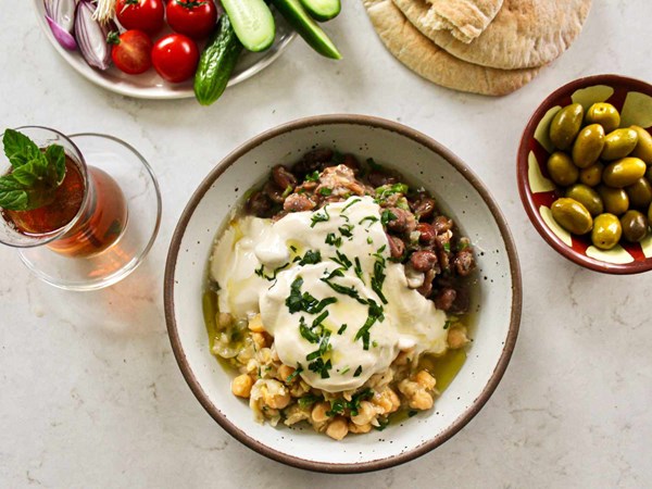 Chickpeas and fava beans with tahini (Makhloota)