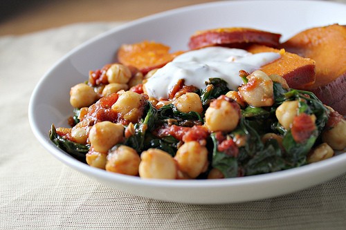 Chickpeas and spinach with honeyed sweet potatoes