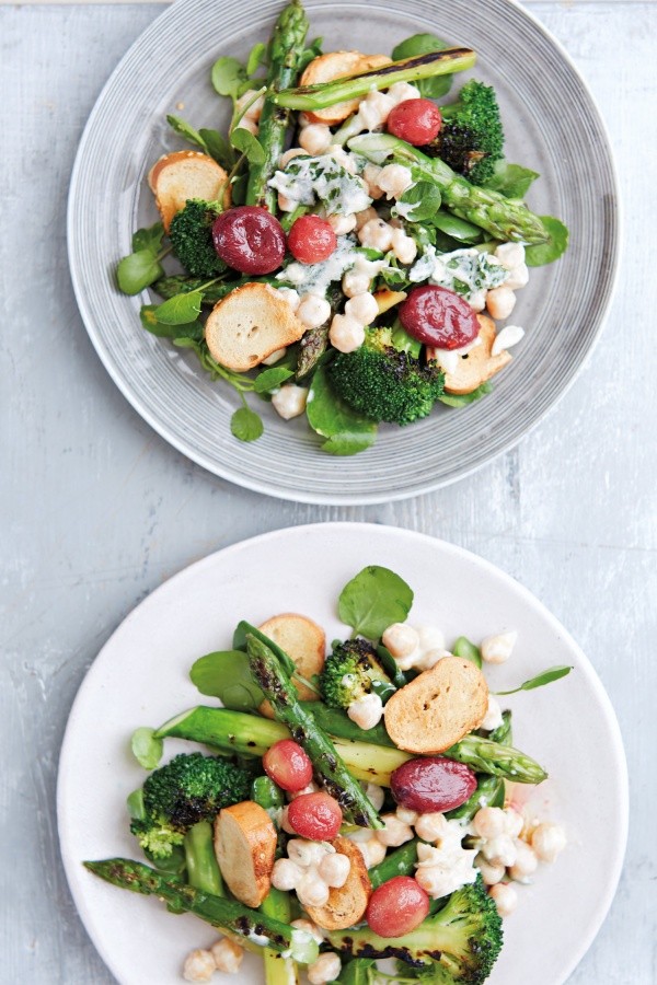 Chickpeas, grilled broccoli and asparagus with popped chilli grapes and bagel croutons