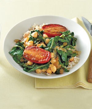 Chickpeas with chard and pan-roasted tomatoes