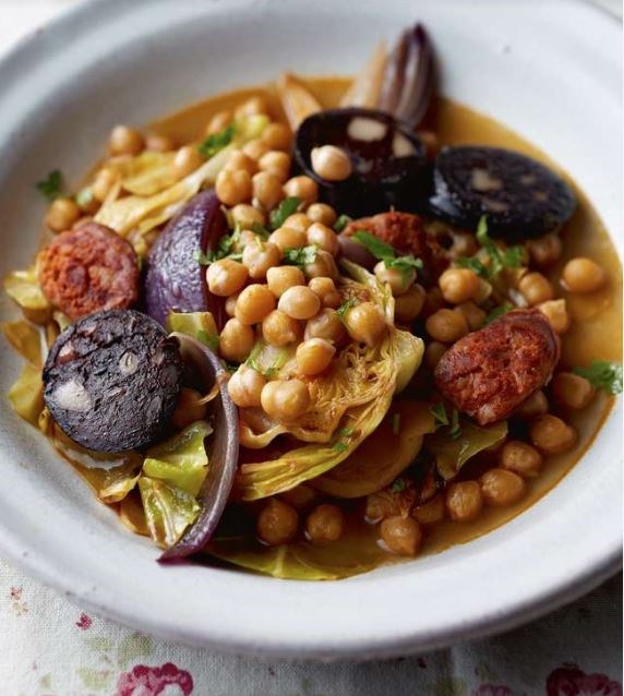 Chickpeas with chorizo, black pudding and cabbage