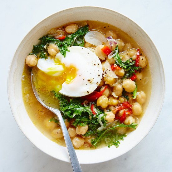 Chickpeas with eggs and mustard greens