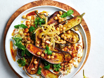 Chickpeas with steamed eggplant, almonds and harissa