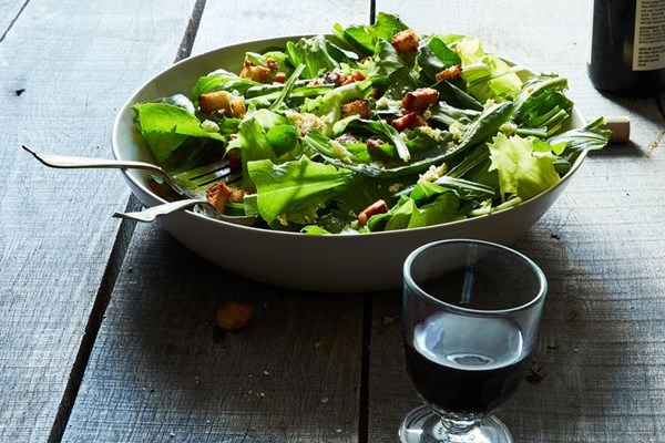 Chicory & dandelion salad with warm bacon vinaigrette