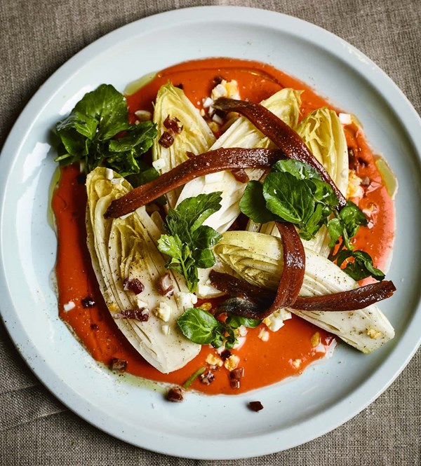 Chicory, anchovy and salmorejo salad