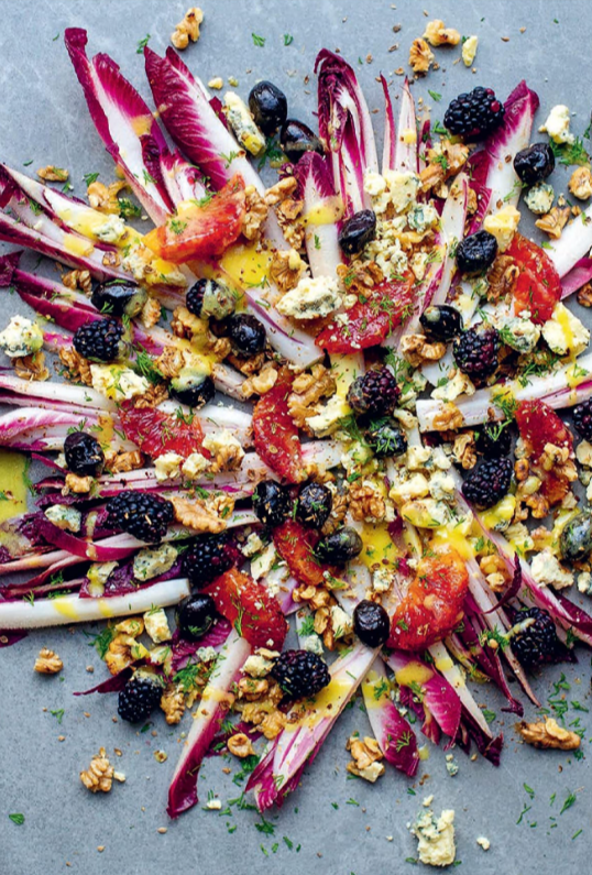 Chicory, orange, pickled blackberries, blue cheese and walnut salad with coriander and anardana