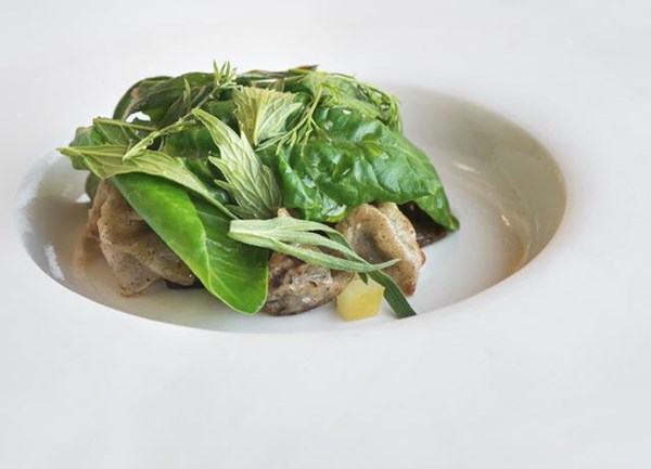 Chicory ravioli with fig, lemon and greens