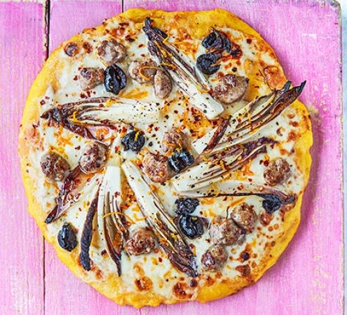 Chicory, sausage and black olive polenta tart