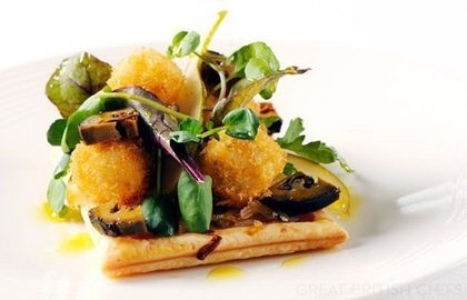 Chicory tart with walnut and pear salad and deep fried blue cheese