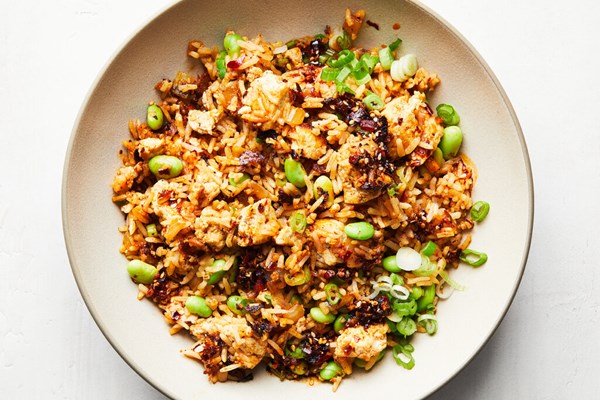 Chile crisp fried rice with tofu and edamame