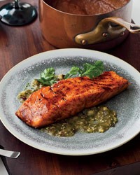 Chile-honey-glazed salmon with two sauces