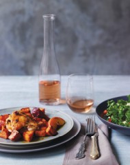 Chile jam chicken with caramelized sweet potatoes and peaches