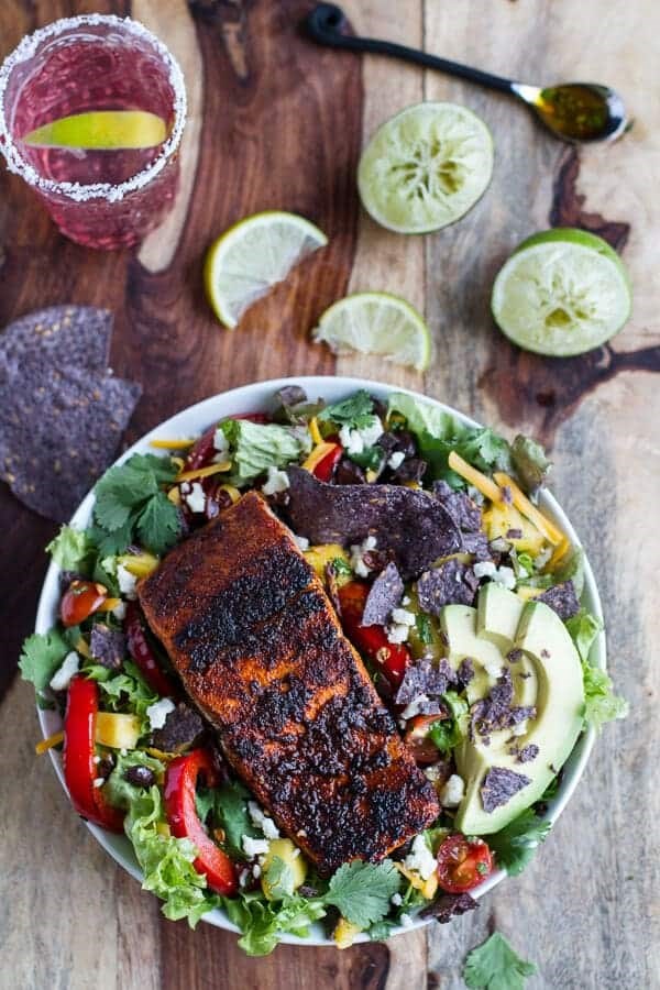 Chile lime salmon fajita salad with cilantro lime vinaigrette