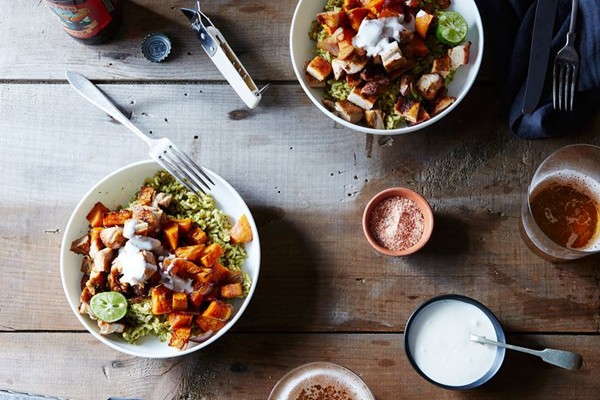 Chile-roasted chicken and sweet potatoes with cilantro rice