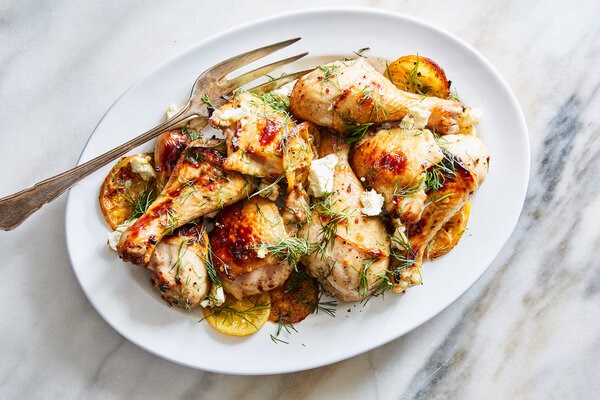 Chile-roasted chicken with honey, lemon and feta