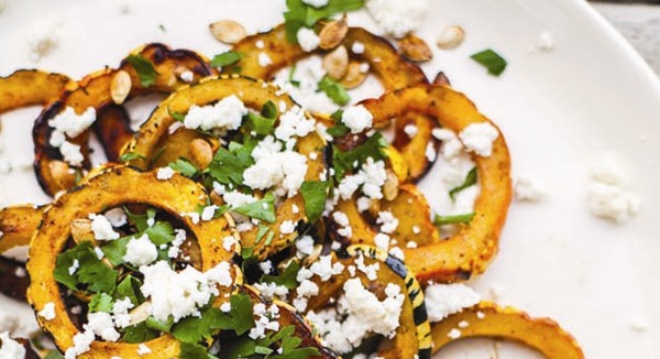 Chile-roasted delicata squash with queso fresco