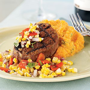 Chile-rubbed steak with corn and pepper relish