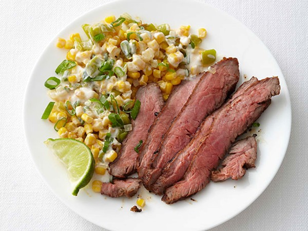 Chile-rubbed steak with creamed corn