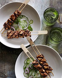Chile-rubbed swordfish kebabs with cucumber salad