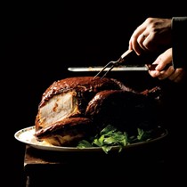 Chile-rubbed turkey with beet stuffing and gravy
