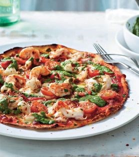 Chile shrimp with roasted bell pepper and salsa verde
