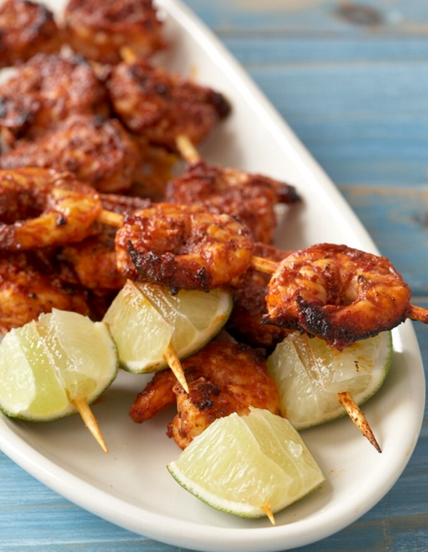 Chile-smothered shrimp skewers