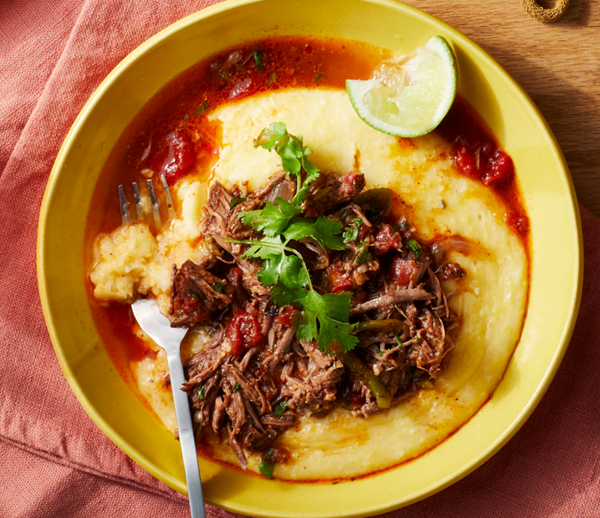 Chile-spiced shredded beef with cheesy polenta