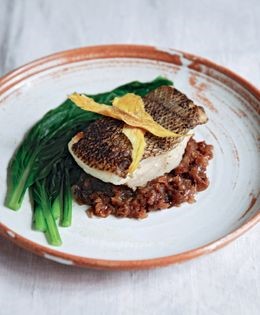 Chilean sea bass with choy sum and onion relish