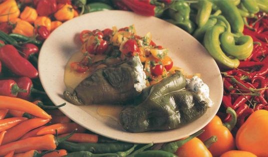 Chiles rellenos with cherry tomato salsa