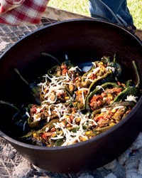 Chiles rellenos with corn-and-okra succotash
