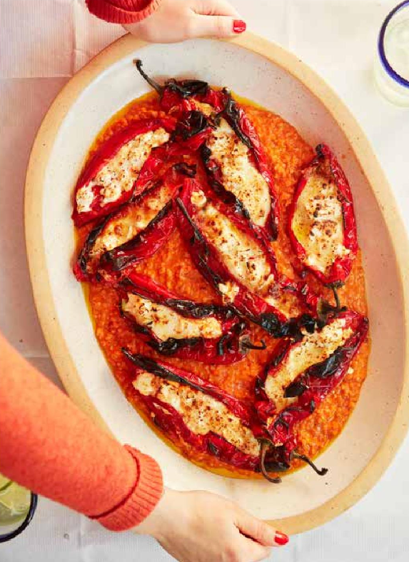 Chiles rellenos with salsa roja risotto