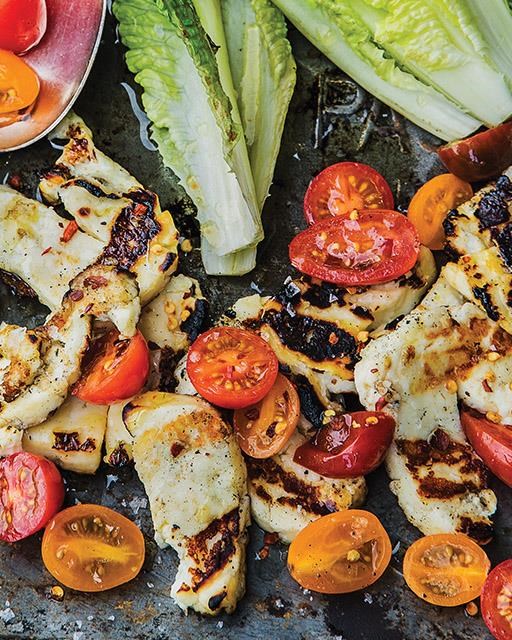 Chili & lime marinated halloumi with tomato salad & charred romaine