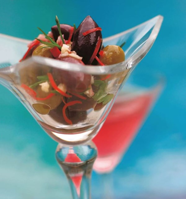 Chili and garlic herb marinated olives