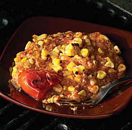 Chili-cheddar grits with grilled corn and tomatoes