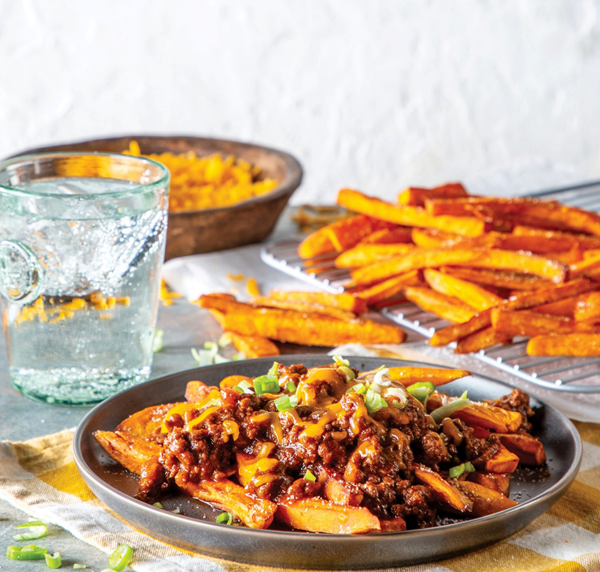 Chili cheese sweet potato fries
