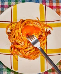 Chili crisp bucatini carbonara