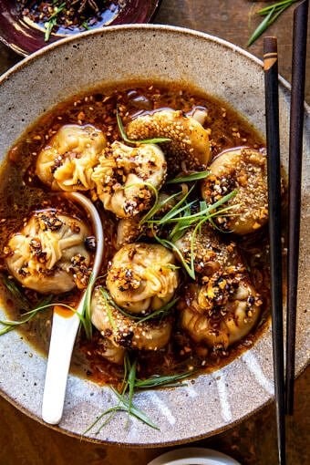 Chili crisp butternut squash dumplings in ginger soy broth