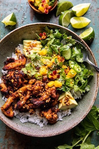 Chili crisp chicken mango cucumber rice bowl