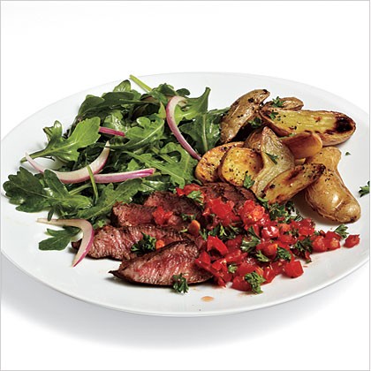 Chili-espresso rubbed steaks with warm tomato sauce