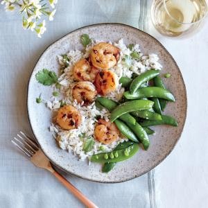 Chili-garlic shrimp with coconut rice and snap peas
