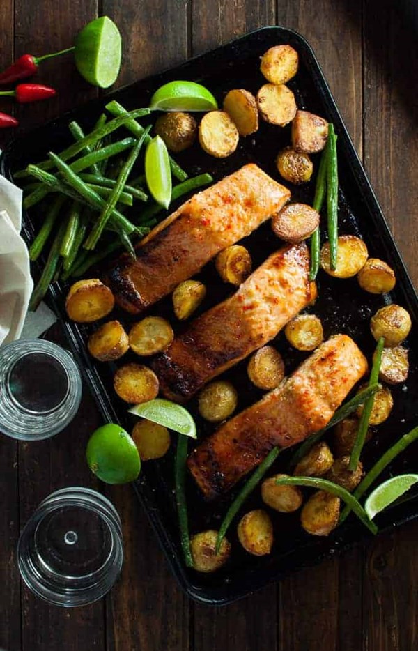 Chili lime baked salmon with potatoes and beans