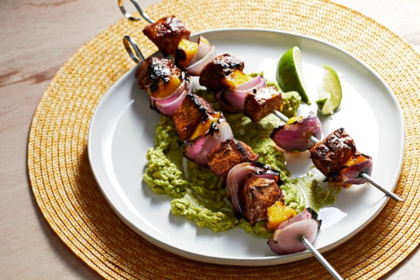 Chili-lime pork and mango skewers with avocado mash