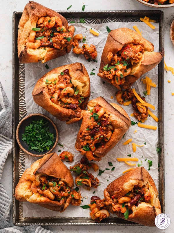 Chili mac stuffed popovers